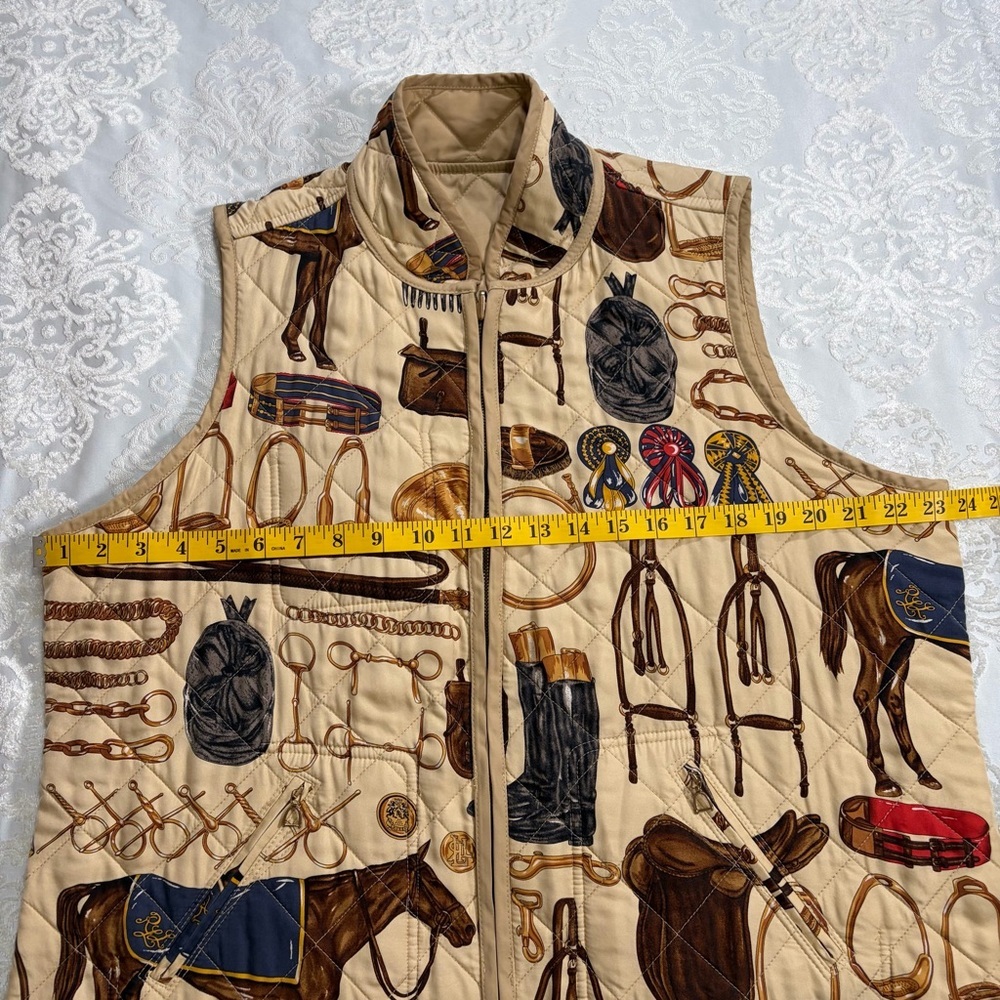 Ralph Lauren Silk Blend Equestrian Print Quilted Vest Reversible Beige Size 1X - Picture 8 of 13
